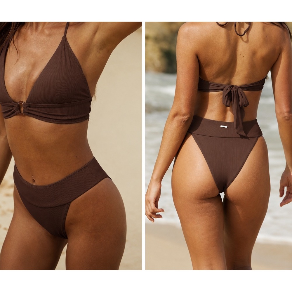 Berlook Women's Ribbed Brown High Cut Bikini Swim Bottoms Size Large - NEW
